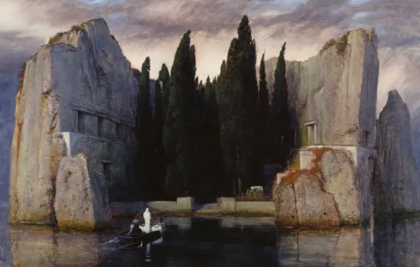 Картинка деревья, камни, лодка, 1883, Символизм, Арнольд Бёклин, Остров мертвых