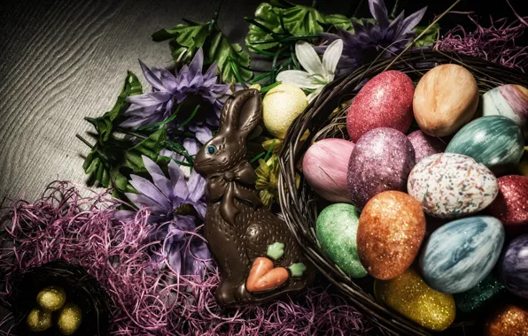 Цветы, шоколад, заяц, яйца, Пасха, разноцветные, Easter