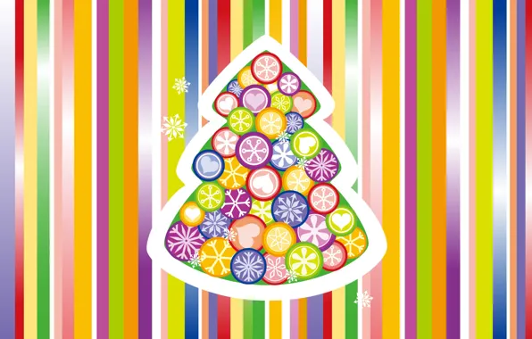Снежинки, полосы, фон, праздник, игрушки, Новый Год, цветной, елочка