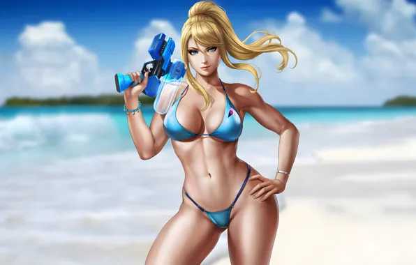 Картинка beach, boobs, games, blue eyes, blonde, belly, bikini, hips