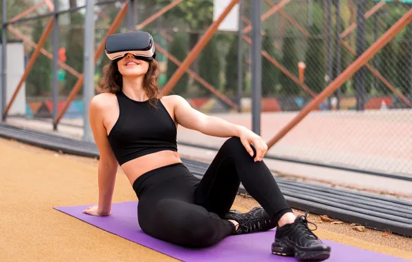 Картинка woman, smiling, yoga, Tracksuit, vr-headset