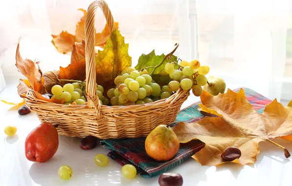 Картинка осень, листья, ягоды, корзина, виноград, фрукты, груши