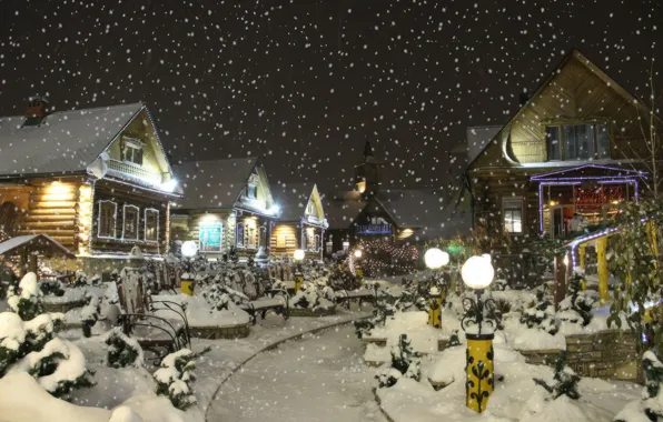 Деревня, Зимний вечер, Village, Снегопад, Snowfall, Winter evening