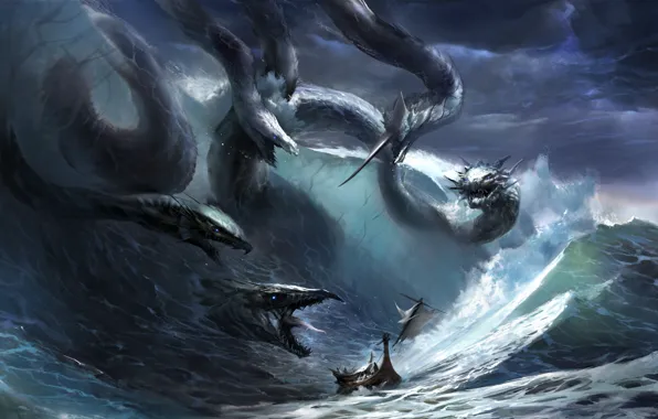 Волны, шторм, фентези, океан, опасность, корабль, ситуация, арт