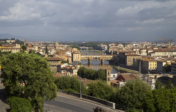 Небо, мост, река, дома, Италия, панорама, Флоренция, Понте Веккьо