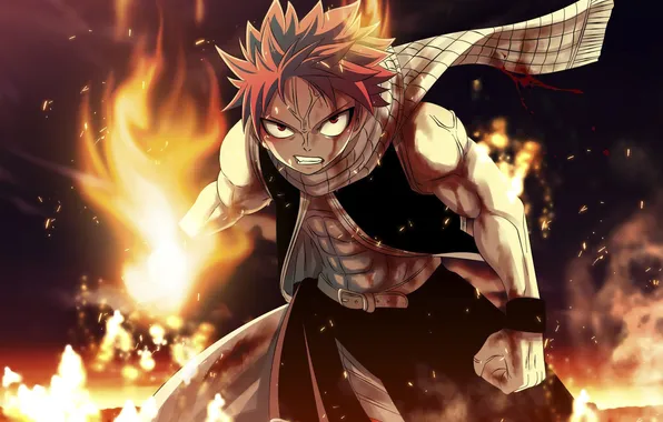 Картинка пламя, аниме, шарф, fairy tail, Нацу, natsu, Фейри Тейл, в ярости