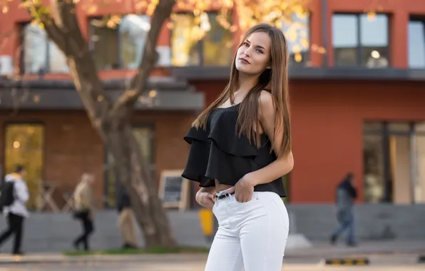 Девушка, милая, модель, Джинсы, Обои, Портрет, шатенка, Кулон