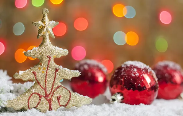 Картинка снег, шары, елка, Новый Год, Рождество, красные, праздники, фигурка