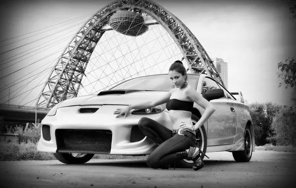 Взгляд, девушка, Эротика, чёрно белое фото, белый авто, Toyota Celica