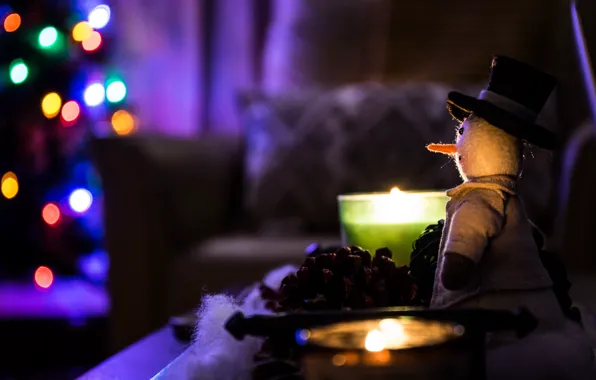 Christmas, Holidays, Blur, Macro, Snowman, Candles