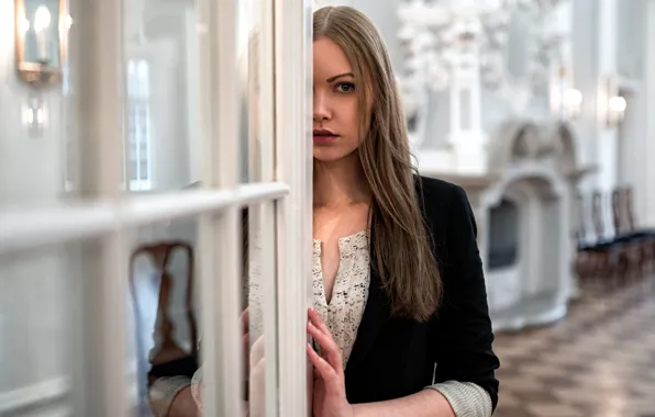 Поза, модель, портрет, интерьер, макияж, прическа, шатенка, красотка