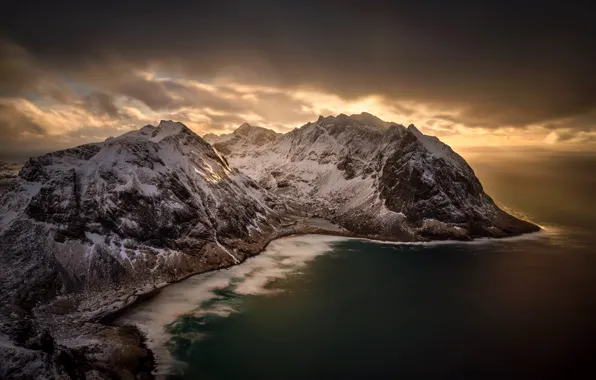 Картинка зима, море, снег, горы, тучи, побережье, Норвегия, панорама