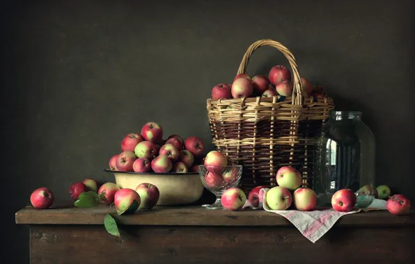 Стол, корзина, яблоки, натюрморт, Still Life
