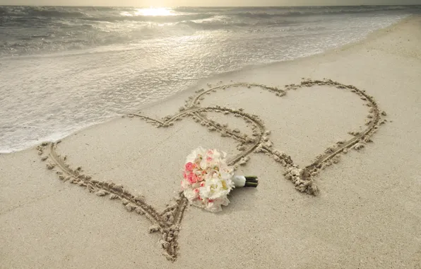Картинка песок, море, цветы, природа, тропики, побережье, букет, сердца