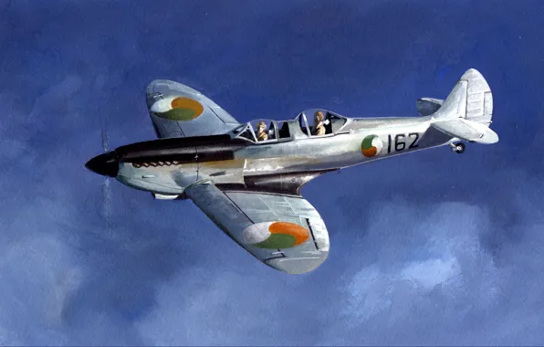 Картинка небо, рисунок, истребитель, арт, вторая мировая, пилоты, британский, Spitfire