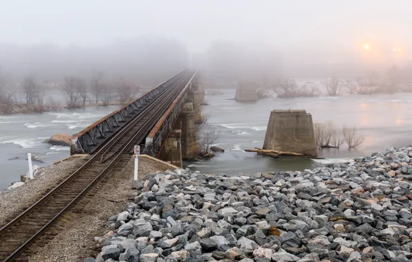 Мост, туман, река, железная дорога