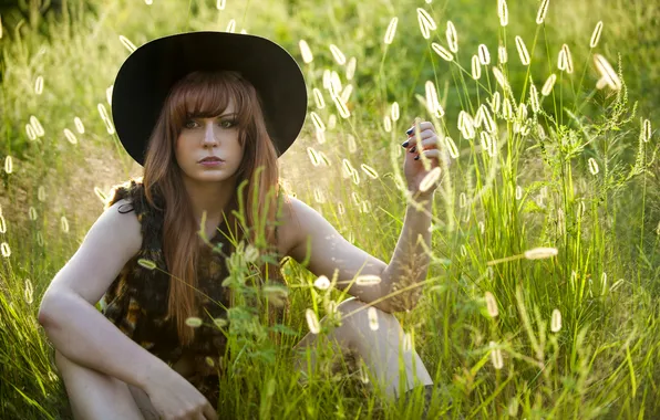 Картинка поле, трава, взгляд, девушка, шляпа, колоски, горжетка