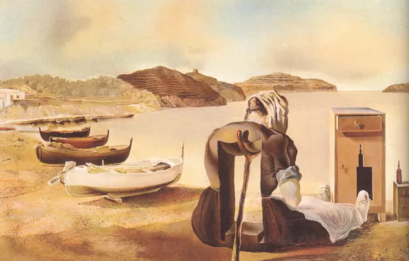 Картинка горы, дерево, сюрреализм, женщина, лодка, масло, картина, лодки
