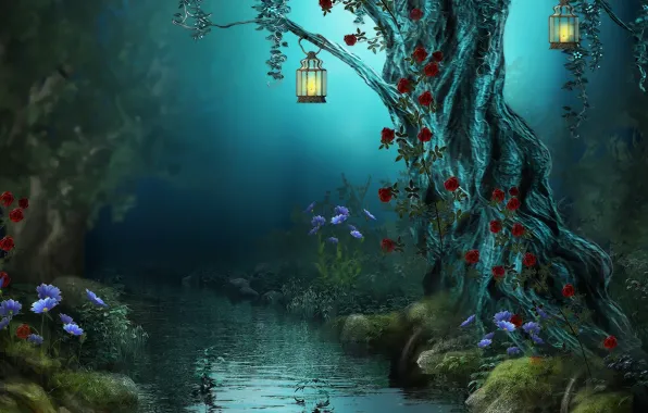 Картинка лес, цветы, ночь, природа, река, ручей, лампы, розы