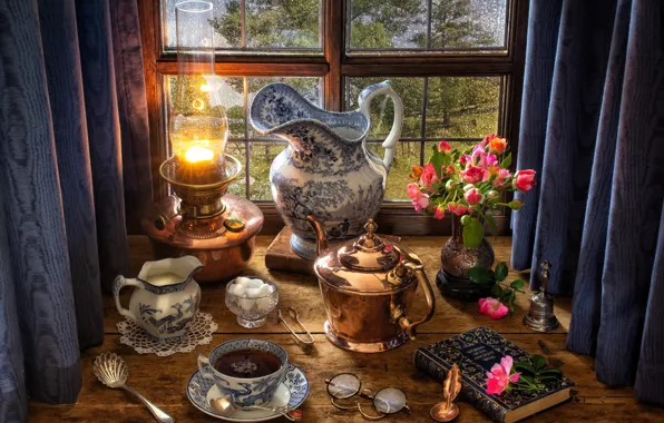 Картинка цветы, стиль, чай, лампа, розы, букет, чайник, окно