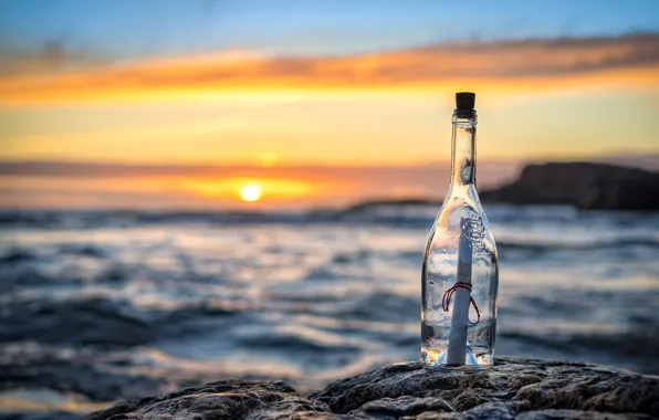 Море, письмо, закат, бутылка, послание