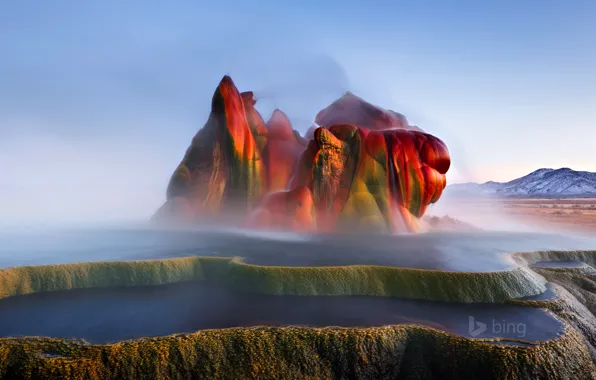 Картинка небо, горы, брызги, США, Невада, искусственный, гейзер, fly geyser