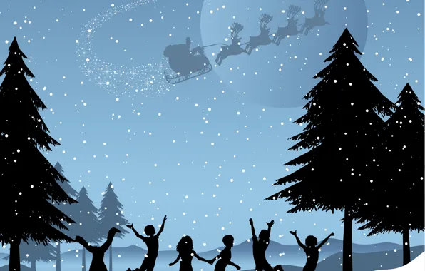 Картинка Зима, Ночь, Снег, Дети, Рождество, Новый год, Санта Клаус, Олени