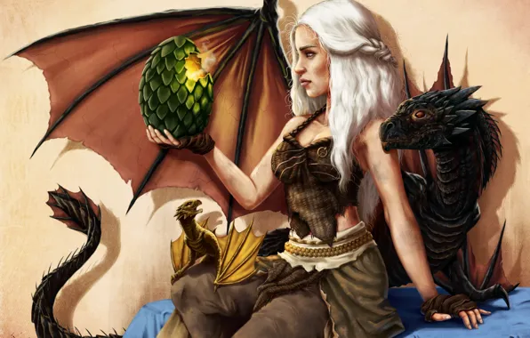Девушка, яйцо, драконы, арт, Game of Thrones, Daenerys Targaryen