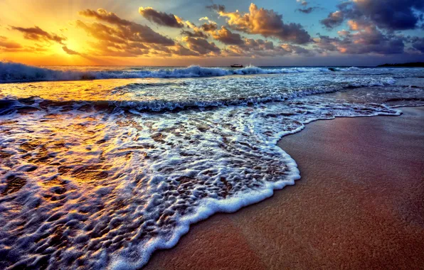 Картинка море, волны, пляж, закат, beach, sea, sunset, seascape