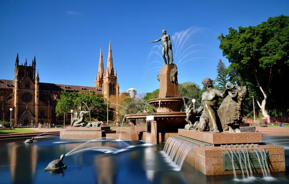 Картинка небо, деревья, парк, Австралия, фонтан, Сидней, скульптура