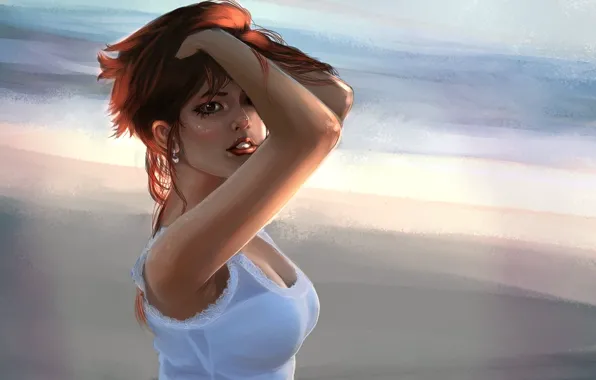 Взгляд, красавица, рыжие волосы, жест, red hair, brown eyes, большая грудь, beauty