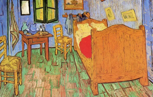 Кровать, стулья, окно, картины, Винсент ван Гог, The Bedroom, команта