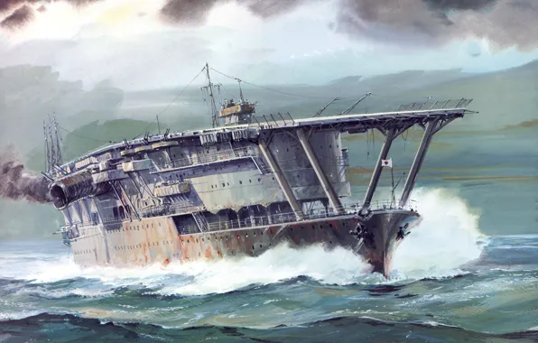 Море, волны, рисунок, арт, авианосец, WW2, ВМФ Японии, IJF