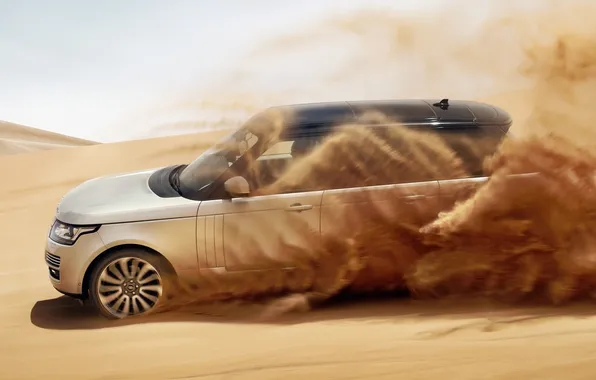 Картинка песок, небо, пустыня, серебристый, джип, внедорожник, Land Rover, Range Rover