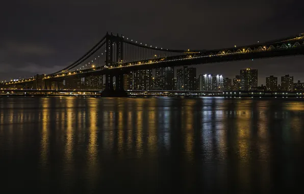 Картинка ночь, мост, огни, Нью-Йорк, Манхеттен