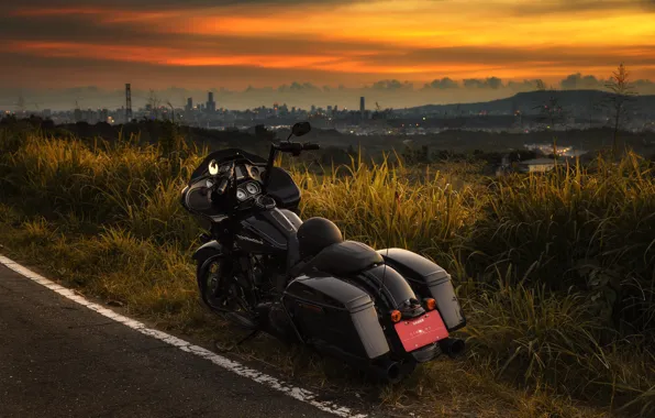 Картинка дорога, закат, мотоцикл