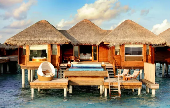 Картинка океан, бассейн, отель, бунгало