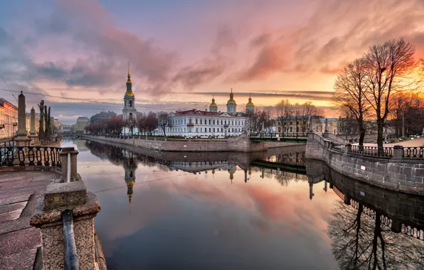 Картинка осень, закат, город, отражение, здания, башня, Питер, Санкт-Петербург