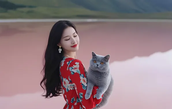 Кот, девушка, серьги, азиатка, длинные волосы, кореянка, серый кот
