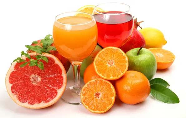 Картинка лимон, яблоки, апельсины, фрукты, цитрусы, грейпфрут, гранат, соки