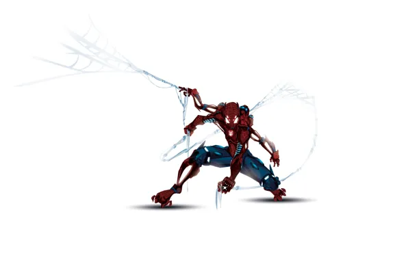 Картинка человек паук, spider man, киборг, комиксы, белый фон, marvel, comics, паутина