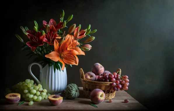 Виноград, still life, артишок, фрукты, кувшин, натюрморт, ягоды, листья