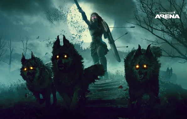 Картинка dark, moon, sword, wolf, total war, wolves, shield, arrows
