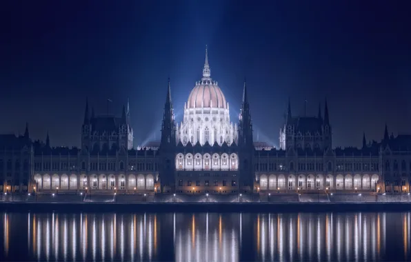 Картинка ночь, огни, отражение, река, здание, подсветка, набережная, парламент