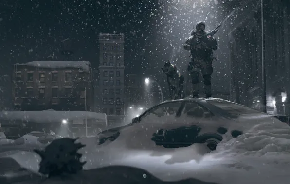 Картинка зима, свет, снег, ночь, улица, собака, солдат, фонарь