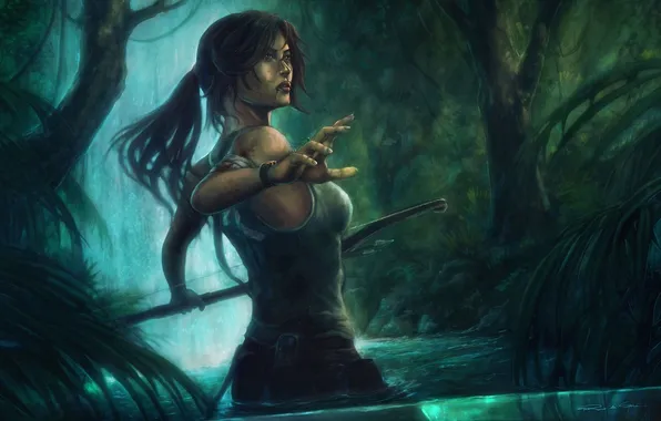 Картинка вода, девушка, река, водопад, лук, джунгли, арт, Tomb Raider