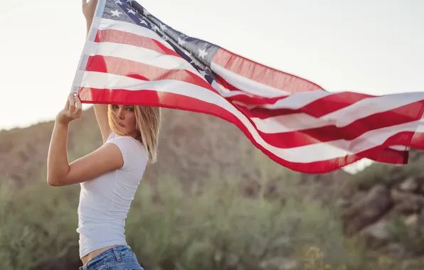 Картинка девушка, флаг, блондинка, США, Америка