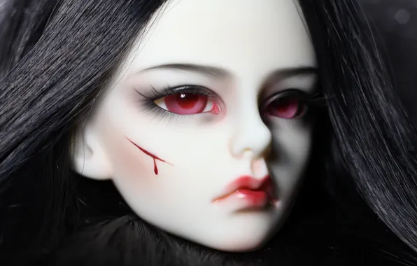 Картинка девушка, кукла, порез, красные глаза, черные волосы, doll, BJD, шарнирная кукла