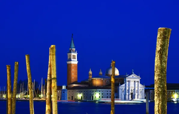 Картинка небо, ночь, огни, Италия, церковь, Венеция, канал, Сан-Джорджо Маджоре