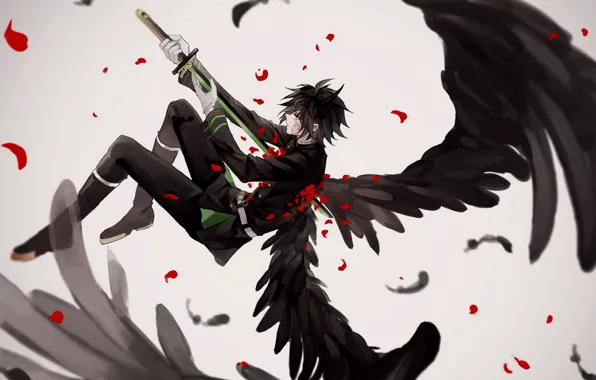 Картинка крылья, ангел, меч, аниме, арт, Owari no Seraph, последний серафим, Юичиро